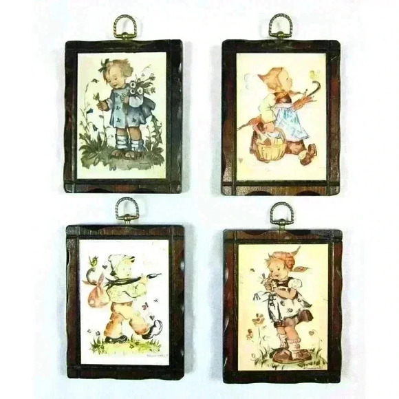 Vintage Hummel Children Wood Wall Plaques Handcrafted Pine Wood Frames Lot of 4 - Picture 1 of 12